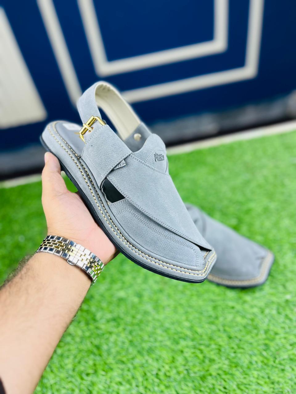 Ash Grey Textured Peshawari Chappal – Modern Eid Edition