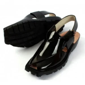 Handmade Black Patent Leather Chappal with Double Sole