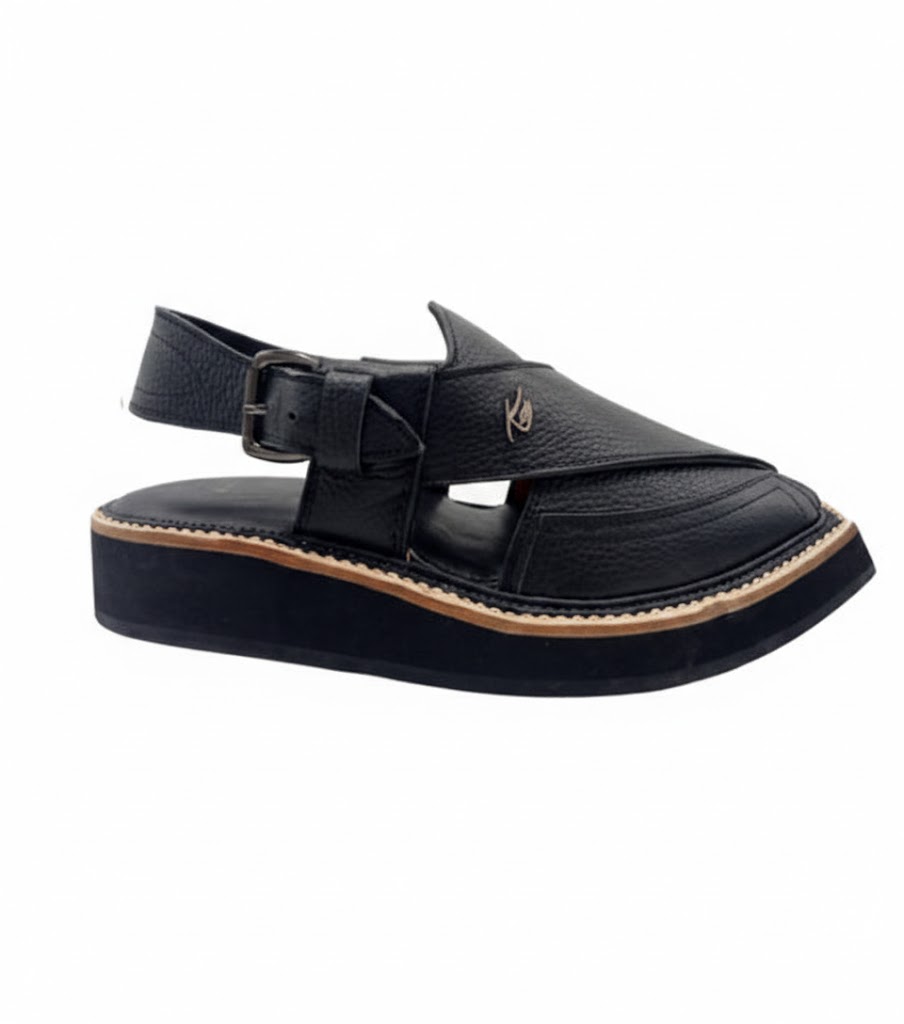 Signature Textured Black Peshawari Chappel – Handcrafted Elegance